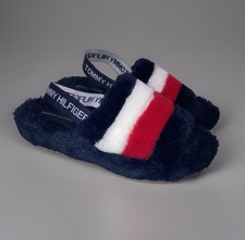 Tommy Hilfiger Laydown Blue Red White Faux Fur Slides Sandals Ankle Strap Sz 9M