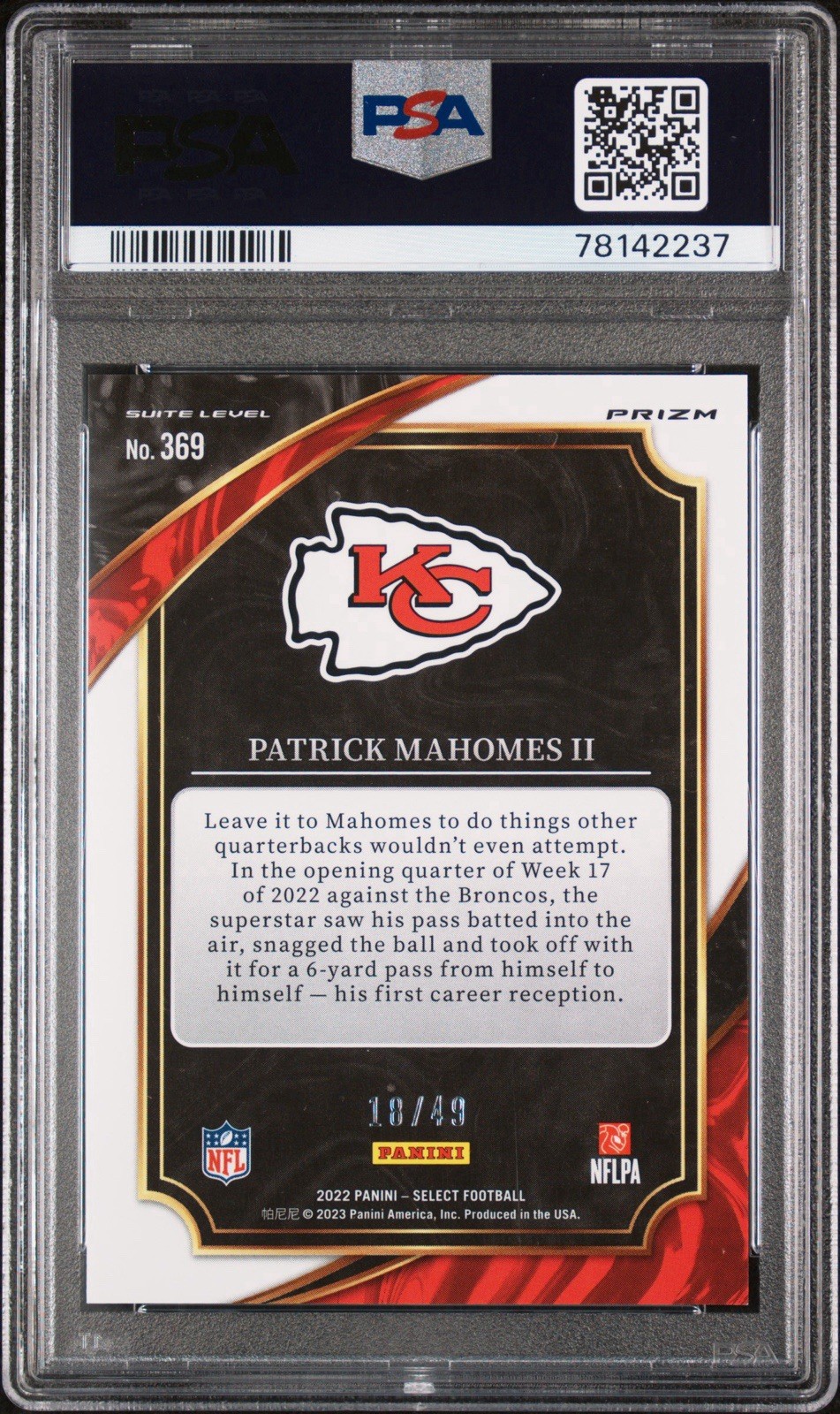 Patrick Mahomes /49 Red Prizm PSA 10 GEM MINT 2022 Select #369 view 2
