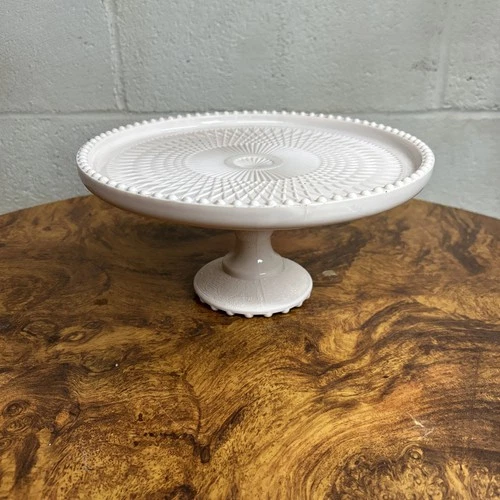 JEANETTE PINK MILKGLASS CAKE STAND BEADED EDGE 10” CUPCAKE 5”H PEDESTAL