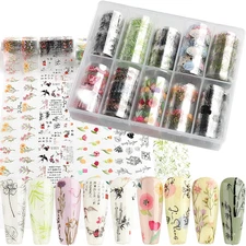 JERCLITY 10 Rolls Flower Nail Foil Transfer Sticker Kit Bamboo Ink Painting Patt