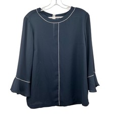 Banana Republic Womens Blouse 3/4 Ruffle Sleeve Navy/White Medium Keyhole