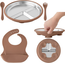 Stainless Steel Baby Plate Set 4 Pieces Baby Suction Plate, Removable Suction,