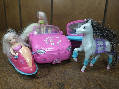 Mattel Polly Pocket Convertible Car, Jet Ski, Vanity, Sleigh Horse  + 4 Figures