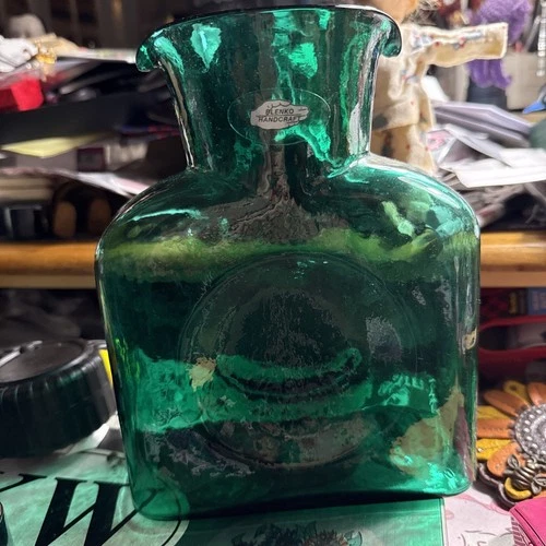 2001 Emerald Green Glass Blenko Double Spout Carafe Bottle Pitcher Signed