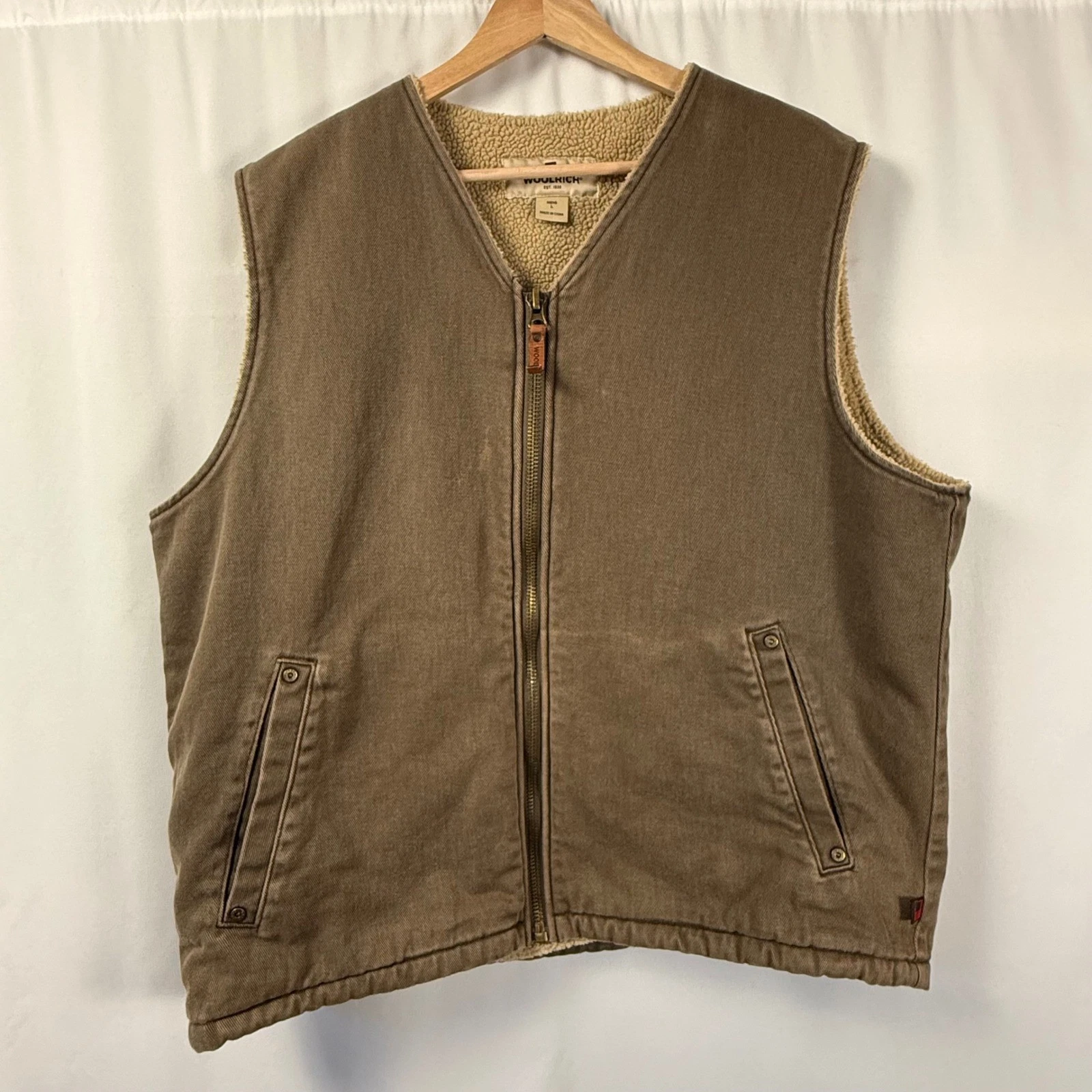 Woolrich Sherpa Lined Canvas Vest Brown Mens L Full Zip Workwear Barn Utility