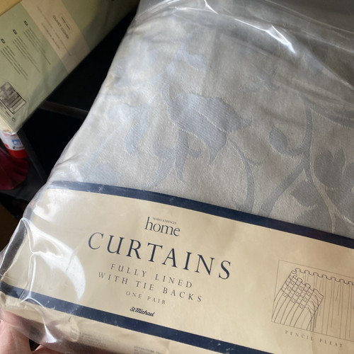 NEW M&S Jacobean, Duck Egg Damask Extra Wide Curtains 9ft w , 54" Lining. Cotton - Picture 1 of 9