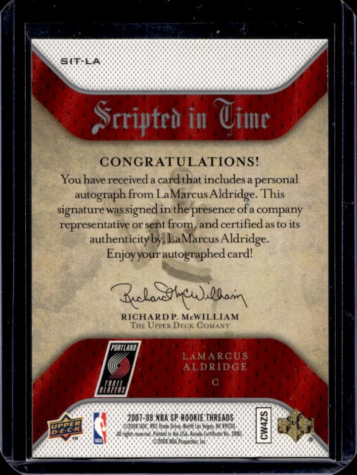 2007-08 SP Rookie Threads LaMarcus Aldridge Scripted in Time Auto #SIT-LA - Image 2 of 2