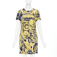 VERSACE Savage Barocco black gold viscose print Medusa safety pin dress IT42 M