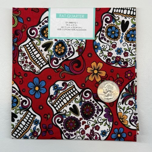 2 Sugar Skulls Fat Quarter Fabric 100% Cotton Day of the Dead Red Black New - Picture 4 of 5