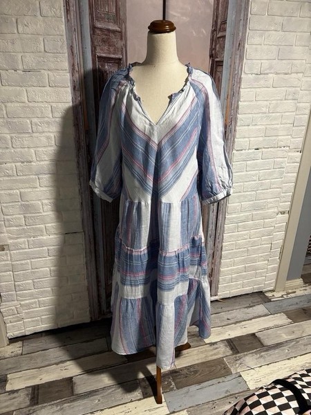 Hammock & Vine M Blue/White/Pink Striped Linen Shift Knee Dress V-Neck Pockets