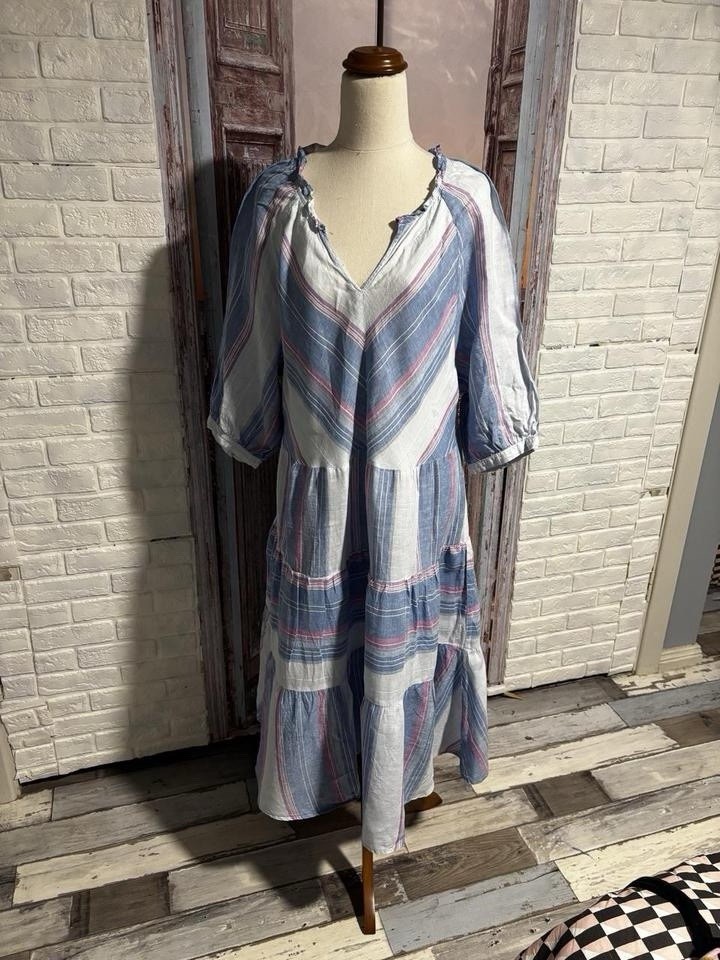 Hammock & Vine M Blue/White/Pink Striped Linen Shift Knee Dress V-Neck Pockets