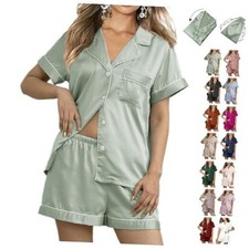 Womens 3Pcs Floral Pajamas Sets Silk Satin Sleepwear XS 4XL Button Small Sage-w