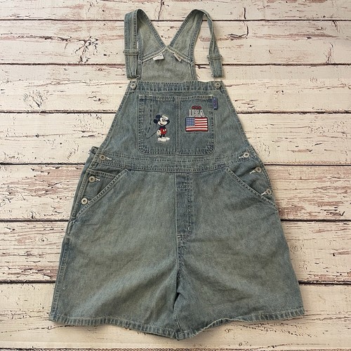 Disney Denim Overalls Womens Large Jean Romper Embroidered Flag Mickey Mouse