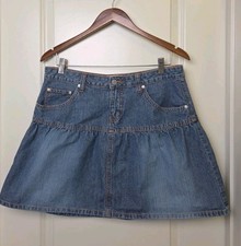 Vintage 90s Y2K Denim Ruffled Yoked Mini Skirt Cotton Acid Wash Juniors Sz 11