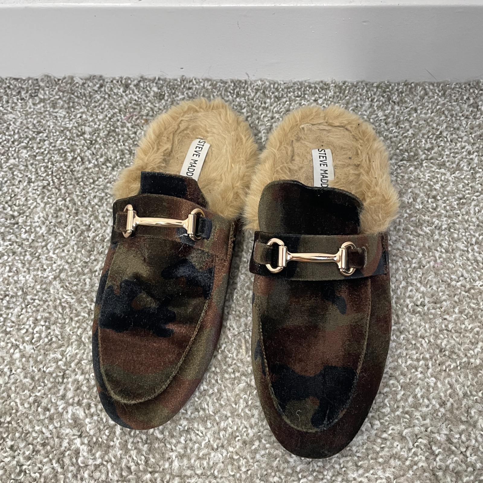 Steve Madden Jill Camo Faux Fur Mule Loafers Slippers Women's 9 Slip On Horsebit