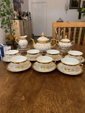 Vintage Bavaria Porcelain Tea Set 17 Pc Gold Gilt Floral Cups Saucers Teapot Ex