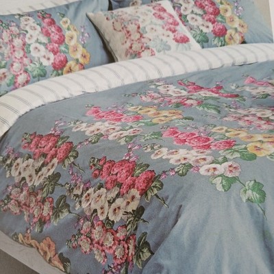 SANDERSON Petrol Blau Wild Blumen HOLLYHOCKS Kingsize Bettbezug 2 Kissenbezüge