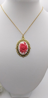 Rose Cameo Necklace Mothers Handmade Gold Dainty New Red White Vintage Style USA