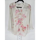 Ellison Women's White Pink Floral V-Neck Button Down Long Sleeve Top Size L