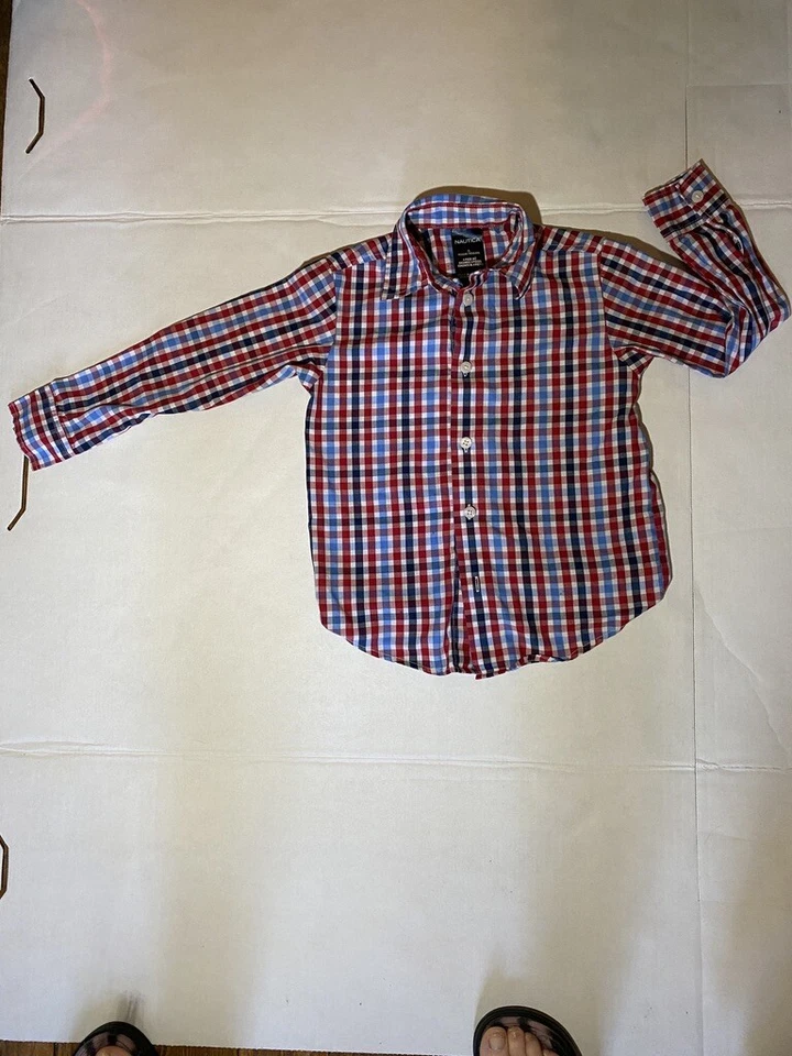 Boys Twee Nautica Button-Down Dress Shirt Checkered Plaid Preppy Gingham Size 5 - Image 2 of 4