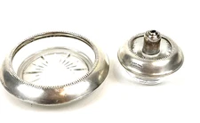 Vintage Sterling Silver Table Lighter Ashtray Crystal MCM Whiting Signed Set  