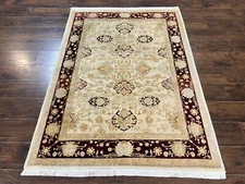 Peshawar Rug 5x7 Beige Maroon Vintage Handmade Wool Pakistani Carpet 260 KPSI