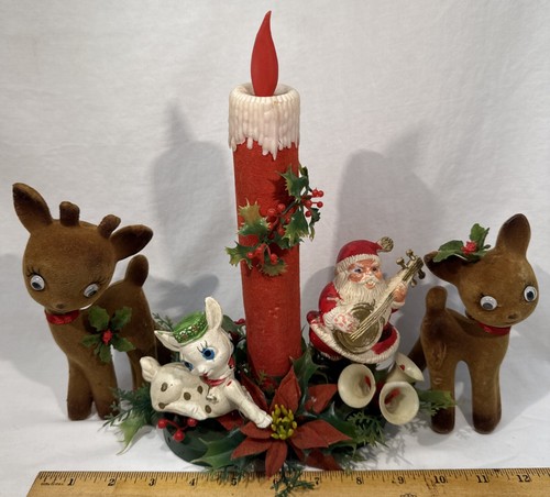 Rare Vtg MCM Christmas Santa Flocked Candle Deer Holly Hong Kong Tabletop Decor
