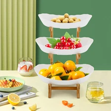 Three-Tier Bamboo Wood Fruit Bowl Stand for Snacks and Desserts