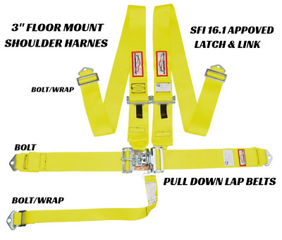 NHRA 3'' RACE HARNESS SFI 16.1 BOLT IN , FLOOR MOUNT LATCH & LINK YELLOW