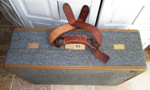 Vintage Hartmann Tweed Fabric Leather Strap Suitcase Luggage Blue 25" x8x19" - Picture 4 of 11