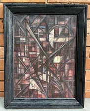 Vintage 1960s Cubist Abstract Shapes Geometric Oil Painting Mid Century Signed