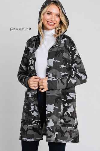 New PLUS SIZE Womens ARMY GRAY BLACK CAMOUFLAGE CAMO CARDIGAN POCKETS 1X 2X 3X - Picture 2 of 6