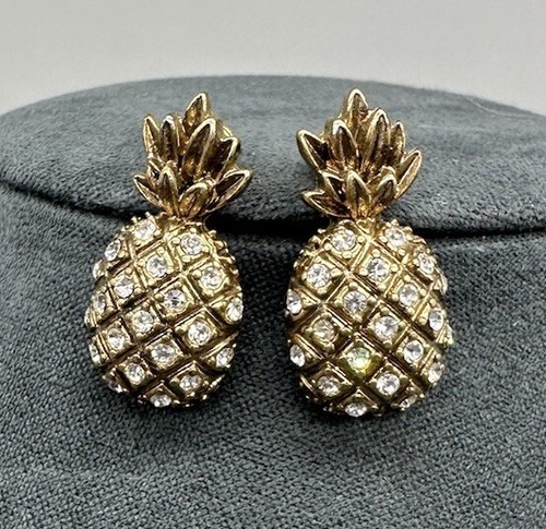 J Crew Pineapple Earrings Pierced Stud Rhinestone Gold Tone Tropical Fruit Cute