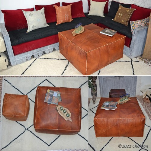 Leather Boho Ottoman Moroccan Genuine Footstool Pouffe Pouf Brown Unstuffed New - Picture 8 of 12