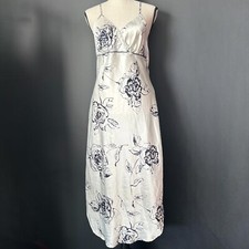 Vintage Cinema Etoile White Navy Maxi Satin Slip Dress Lingerie Floral Fairy M