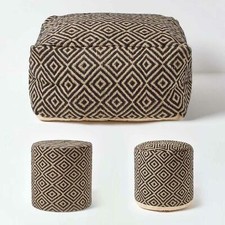 Image of Black and Cream Aztec Style Jute Footstool Beanbag Round Bean Cube