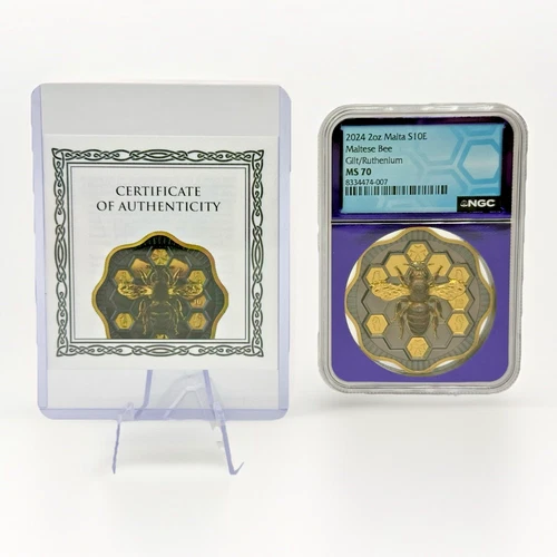 2024 Malta Maltese Bee S 10E 2oz Silver HR Ruthenium Gold Gild NGC MS70 GERMANIA