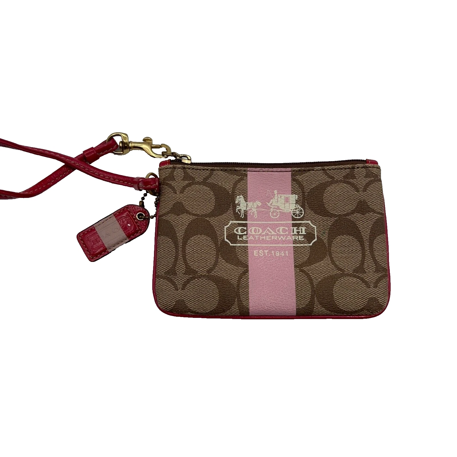 Portafoglio Coach Unicorno Firmato Rivestito Tela Rosa Striscia Polso Angolare Zip