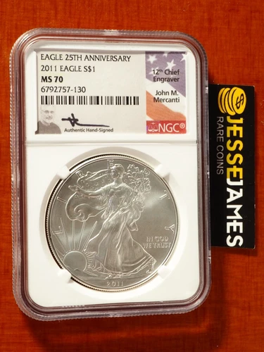 2011 AMERICAN SILVER EAGLE NGC MS70 JOHN MERCANTI SIGNED BEAUTIFUL COIN LOW POP!