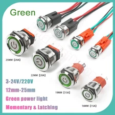 Metal Pushbutton 12mm-25mm With Green Power Light Momentary Latching 3-24V/220V