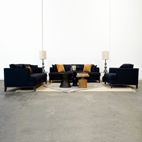 Premium 3-Pc Sofa Set w/ Pillows, Navy Linen Upholstered Living Room Couch Set