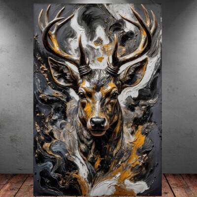 LEINWAND BILDER XXL HIRSCH KOPF GOLD ABSTRAKT WILD KUNSTDRUCK WAND POSTER P1093