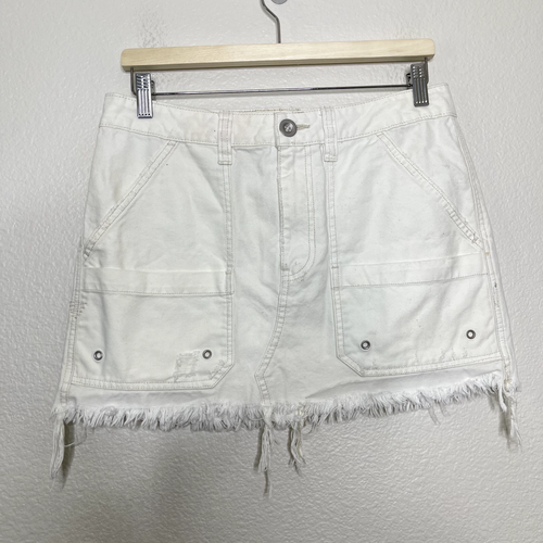 Free People Cargo Skirt Sz 28 White Cotton Canvas Relaxed Mini Raw Hem Military