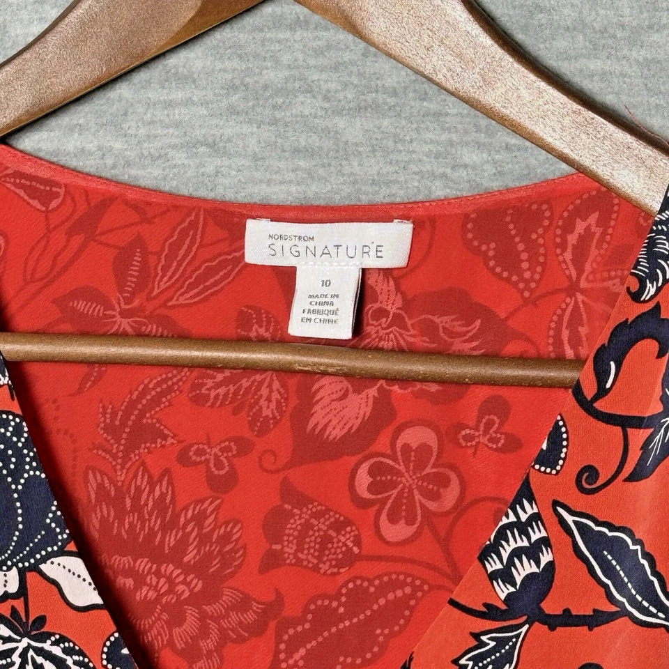 Nordstrom Signature Silk Orange Blue Floral Ruffle Dress Size 10 Casual Date - Image 2 of 4