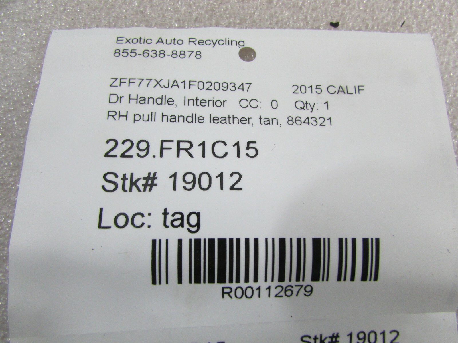 Ferrari California T, RH, Right Interior Door Pull Handle, Tan, Used, P/N 864321