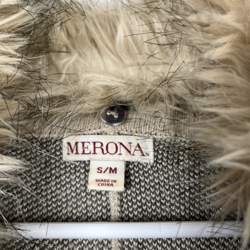 Merona Women Cape Poncho Shawl Small/Medium Beige Black Stripes Faux Fur Collar - Picture 7 of 8