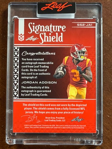 2023 Leaf GOLD ENCASED NFL SHIELD PATCH JORDAN ADDISON RC AUTO HIS JERSEY # 3/9 - Picture 3 of 3