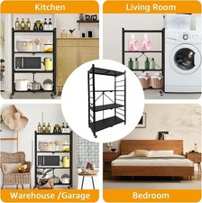 4 Tier Foldable Metal Storage Rack Shelving Unit With Wheel For Home Kitchen UK
