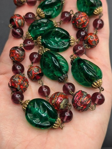 Vintage Venetian Foil Lava Molded Glass Beaded Necklace Antique Victorian Clasp - Picture 7 of 15