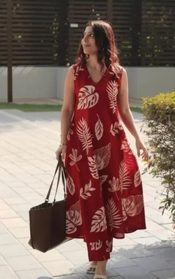 Indian Traditional Set; Red Floral Printed Cotton A-line Kurta with Palazzo